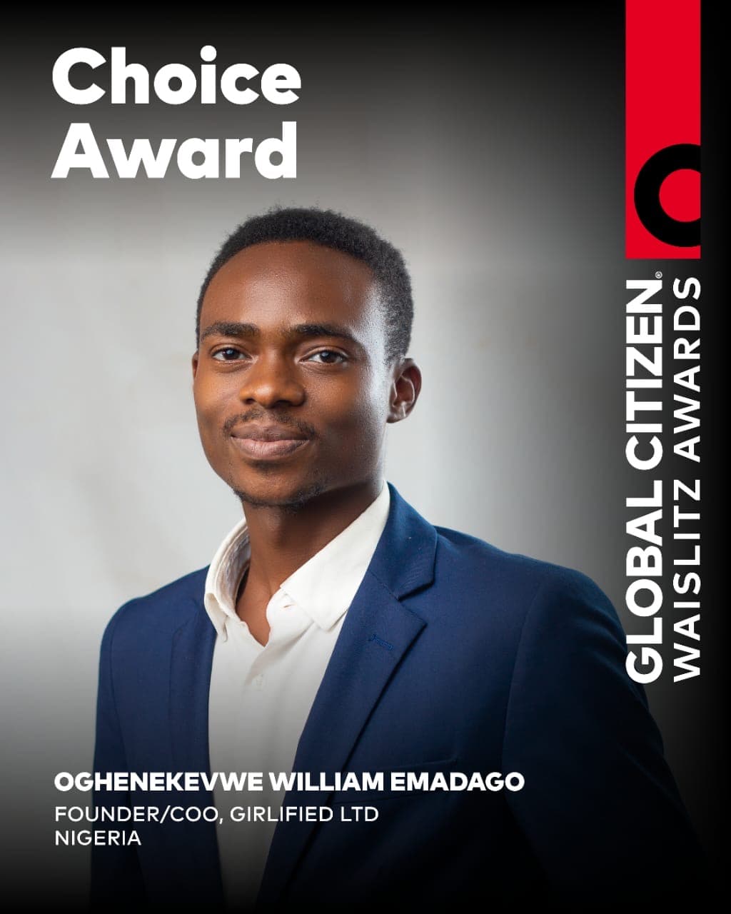 Oghenekevwe William Emadago, Choice Award winner of the Global Citizen Waislitz Awards