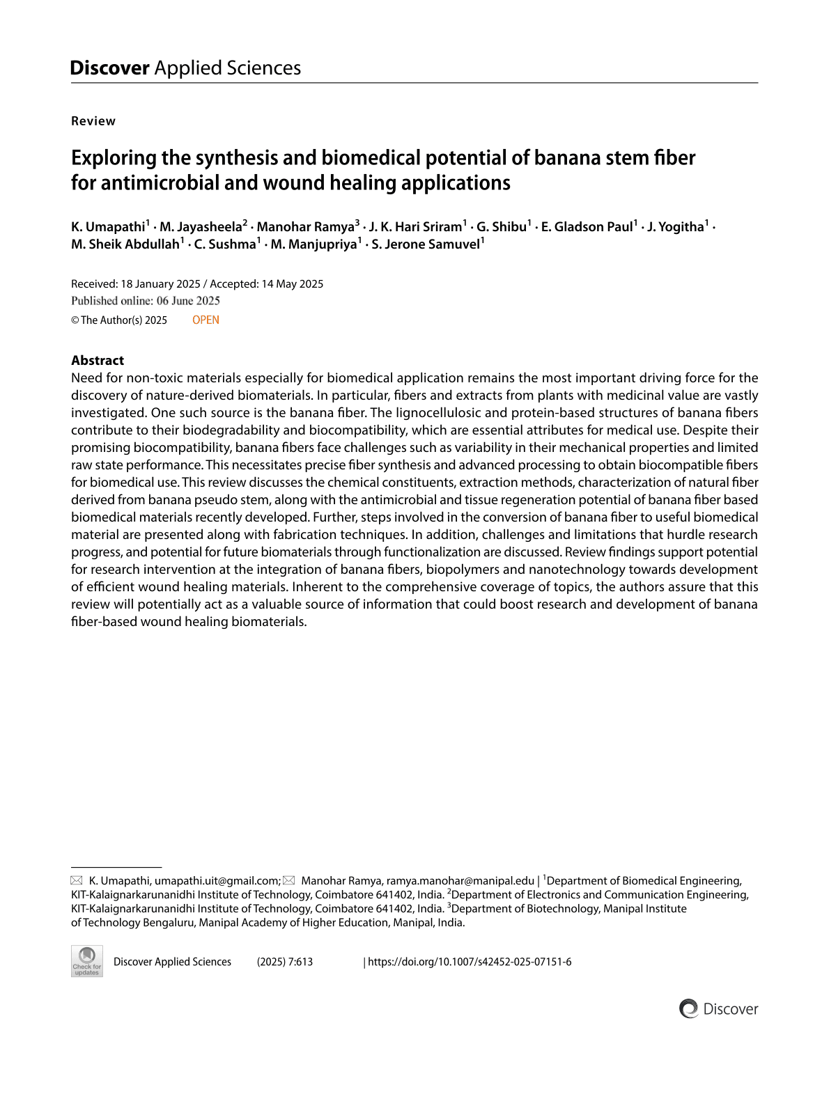 Exploring the synthesis and biomedical potential of banana stem fiber for antimicrobial and wound healing applications preview